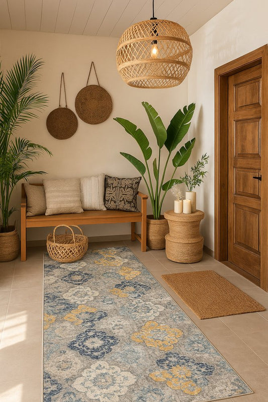 20' Blue And Yellow Floral Runner Rug