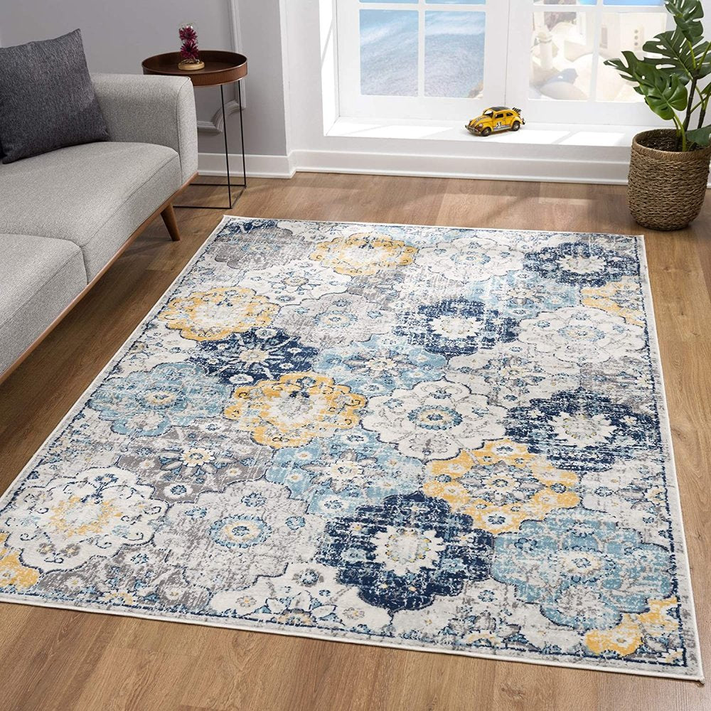 3' X 5' Blue and Yellow Floral Distressed Area Rug