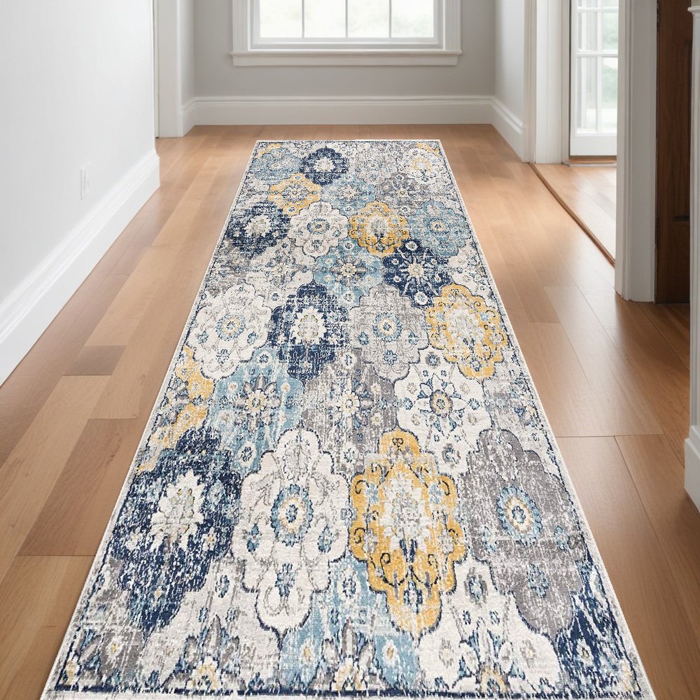 10' Blue And Yellow Floral Runner Rug