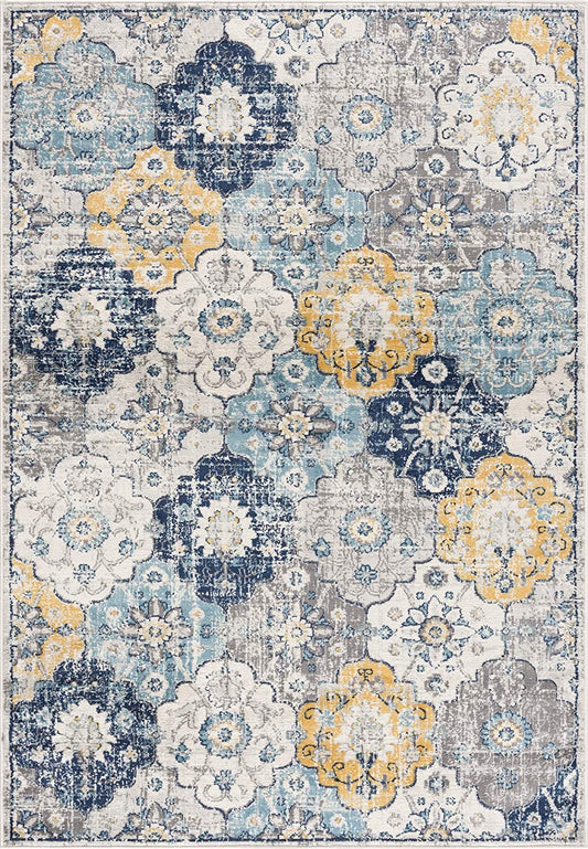 3' X 5' Blue and Yellow Floral Distressed Area Rug