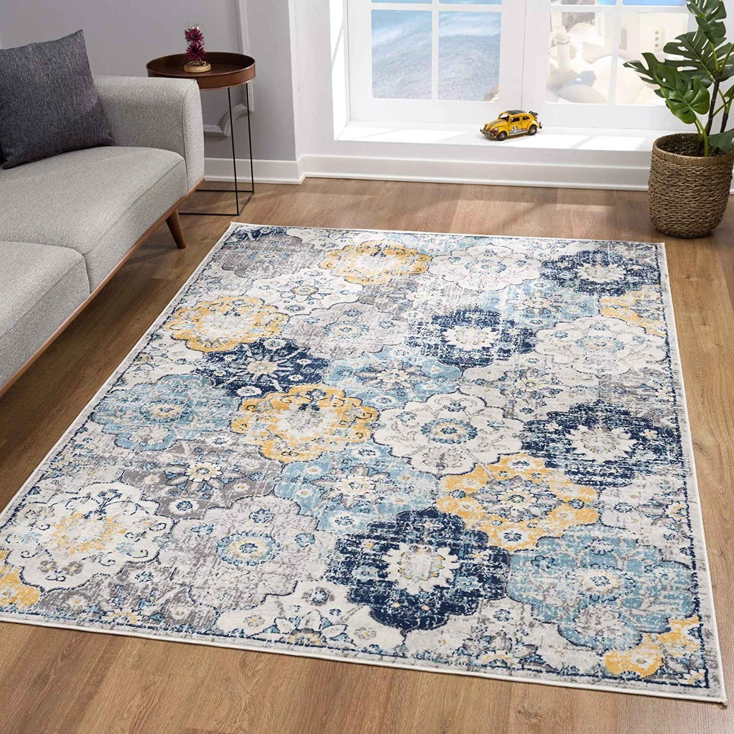 10' Runner Blue and Yellow Floral Runner Rug