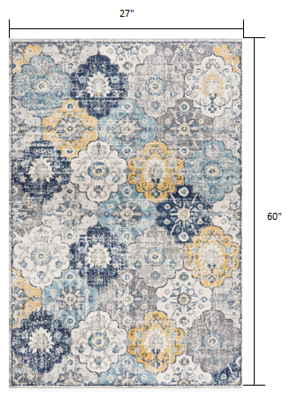 8' Runner Blue and Yellow Floral Runner Rug