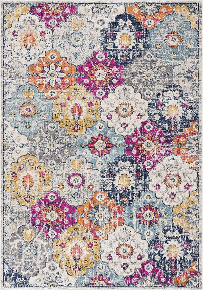 5' X 7' Blue and Ivory Floral Area Rug