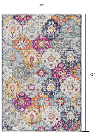 2' X 4' Blue and Ivory Floral Area Rug