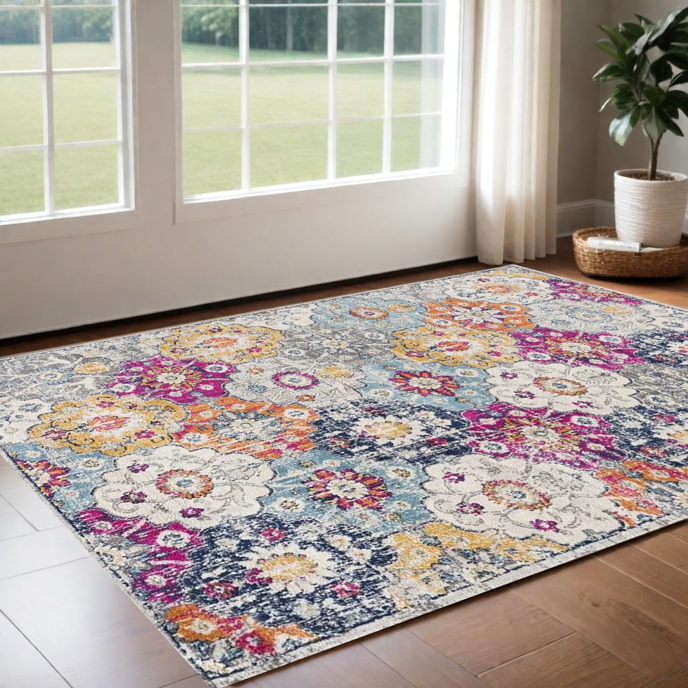 5' X 7' Blue and Ivory Floral Area Rug