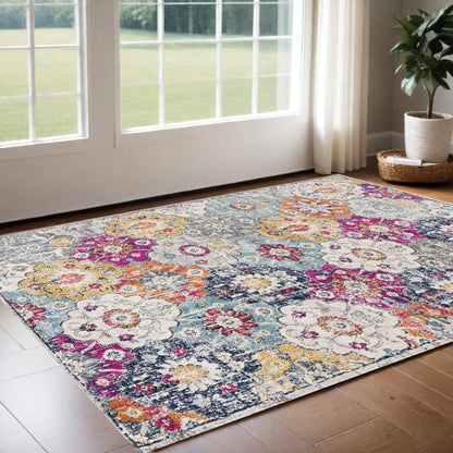 5' X 7' Blue and Ivory Floral Area Rug