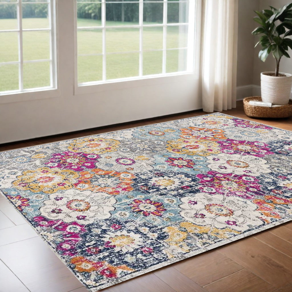 2' X 4' Blue and Ivory Floral Area Rug