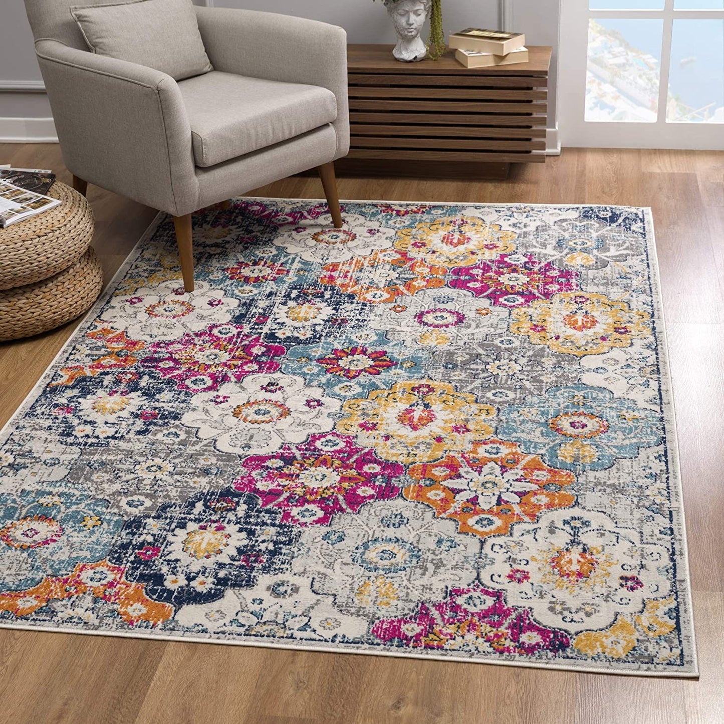 2' X 4' Blue and Ivory Floral Area Rug