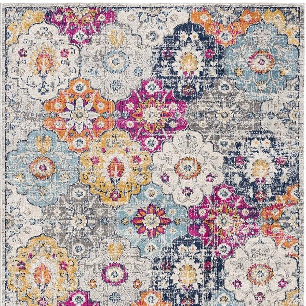 5' X 7' Blue and Ivory Floral Area Rug