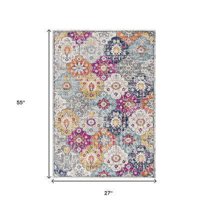 5' X 7' Blue and Ivory Floral Area Rug