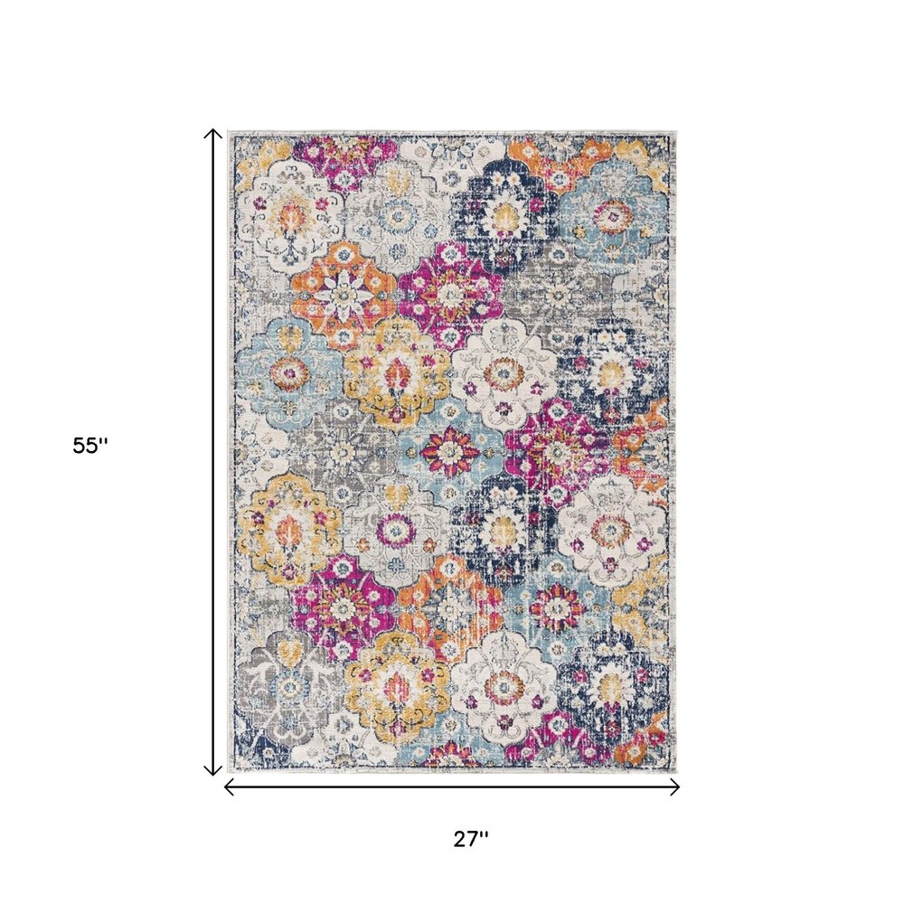 5' X 7' Blue and Ivory Floral Area Rug