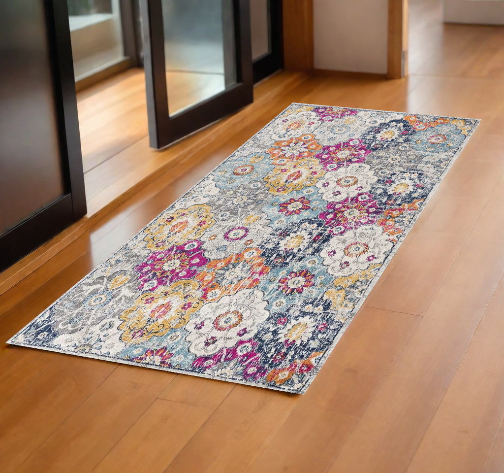2' X 4' Blue and Ivory Floral Area Rug