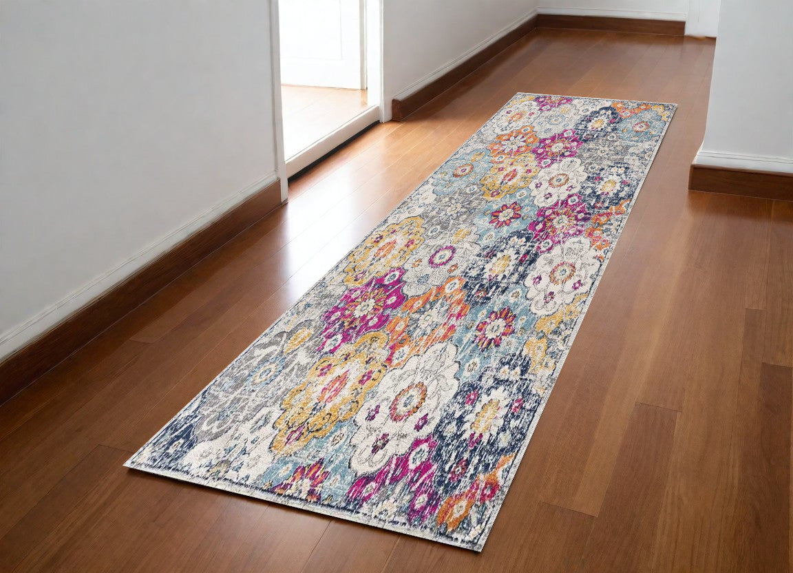 2' X 4' Blue and Ivory Floral Area Rug