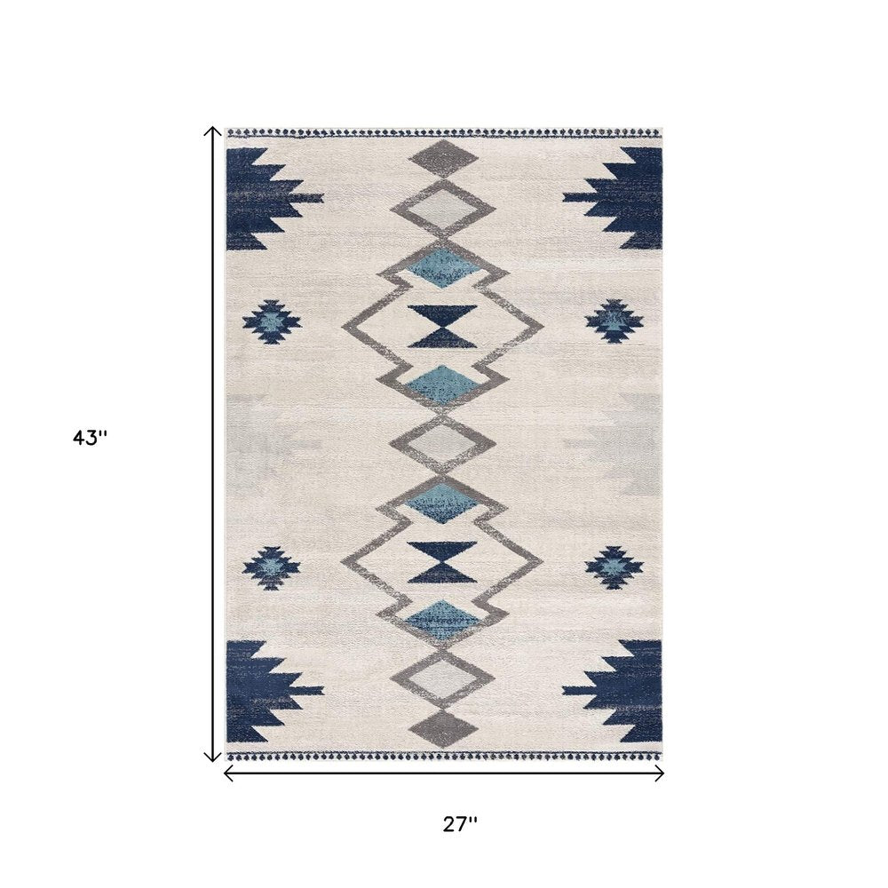 5' X 7' Blue and Ivory Southwestern Area Rug