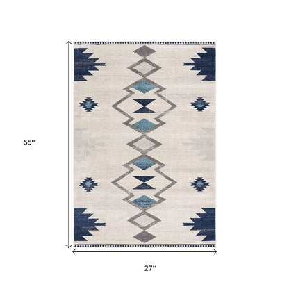 6' X 9' Blue and Ivory Southwestern Area Rug