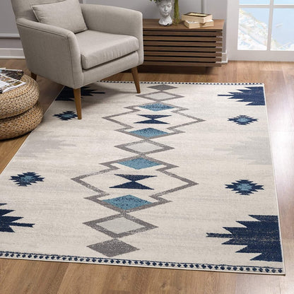 5' X 7' Blue and Ivory Southwestern Area Rug