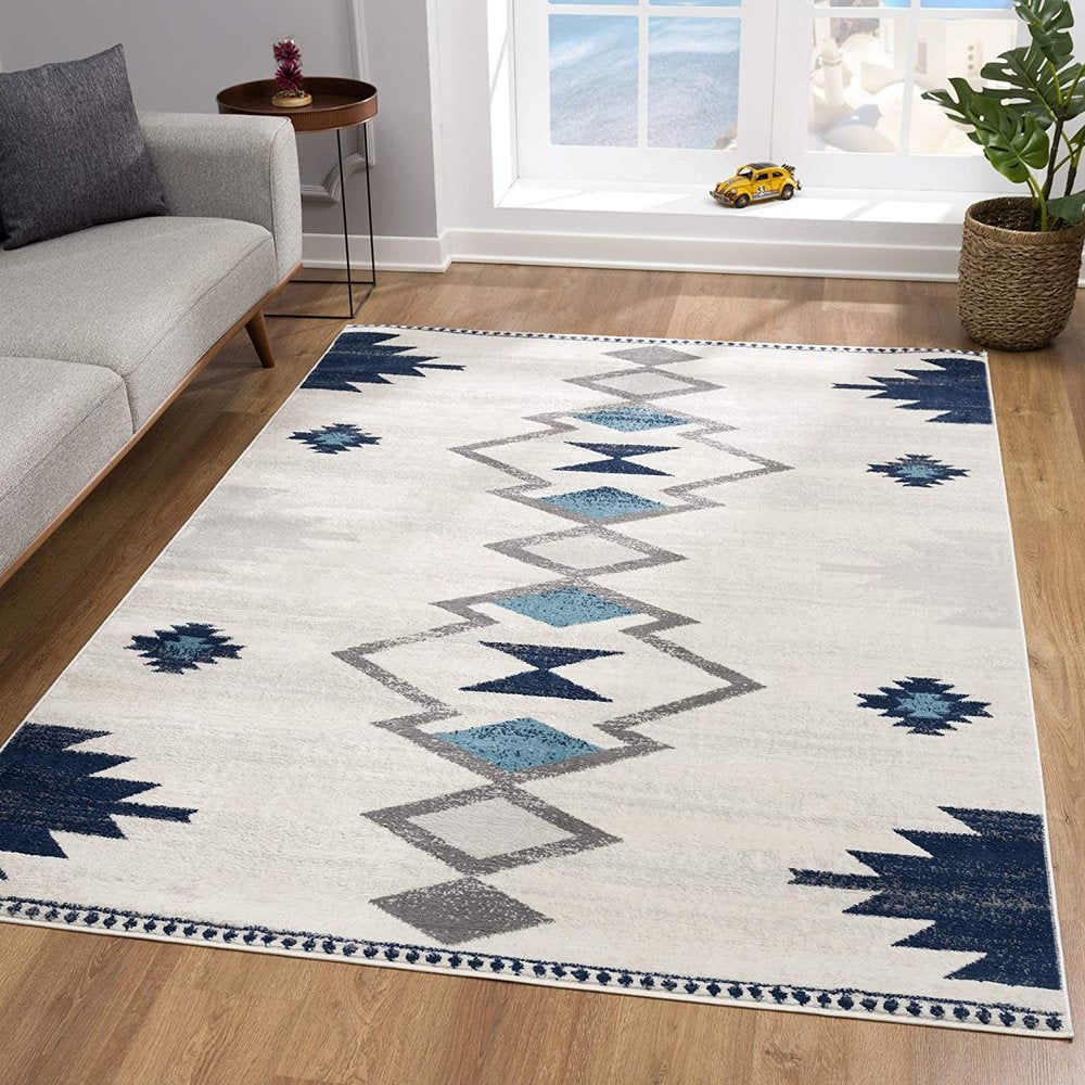 6' X 9' Blue and Ivory Southwestern Area Rug