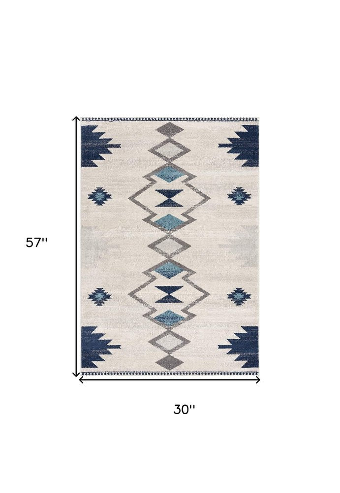 6' X 9' Blue and Ivory Southwestern Area Rug