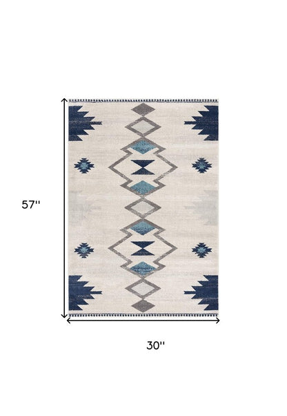 6' X 9' Blue and Ivory Southwestern Area Rug