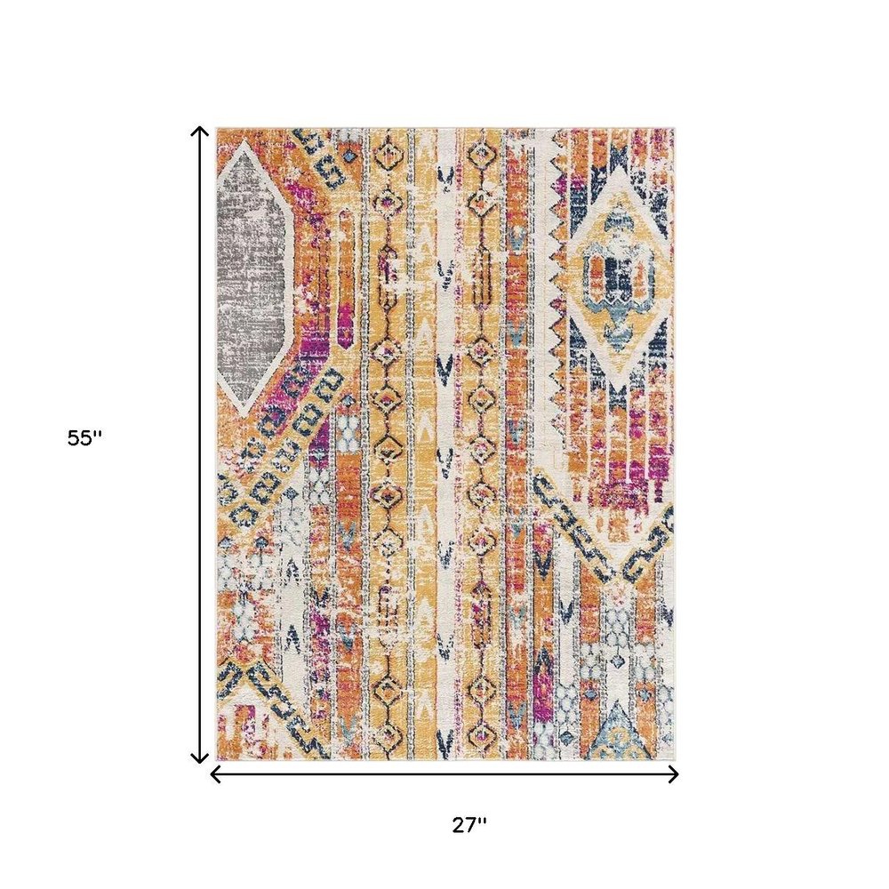 8' Gold And Ivory Southwestern Runner Rug