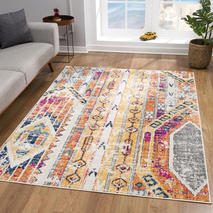 8' Gold And Ivory Southwestern Runner Rug
