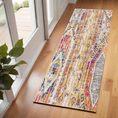 8' Gold And Ivory Southwestern Runner Rug