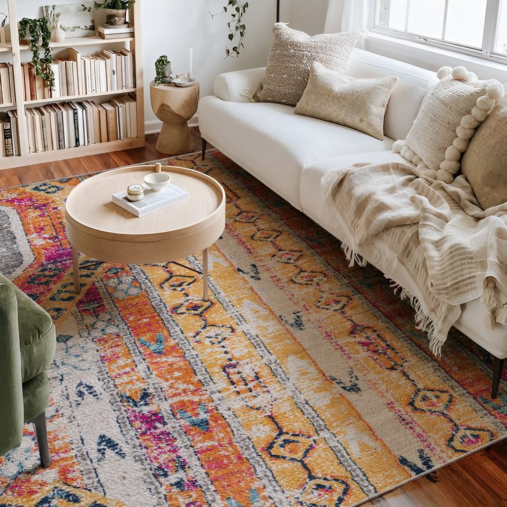 8' Gold And Ivory Southwestern Runner Rug