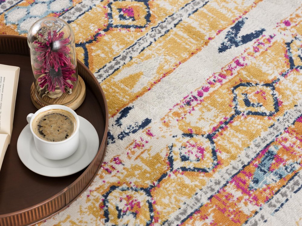 8' Gold And Ivory Southwestern Runner Rug