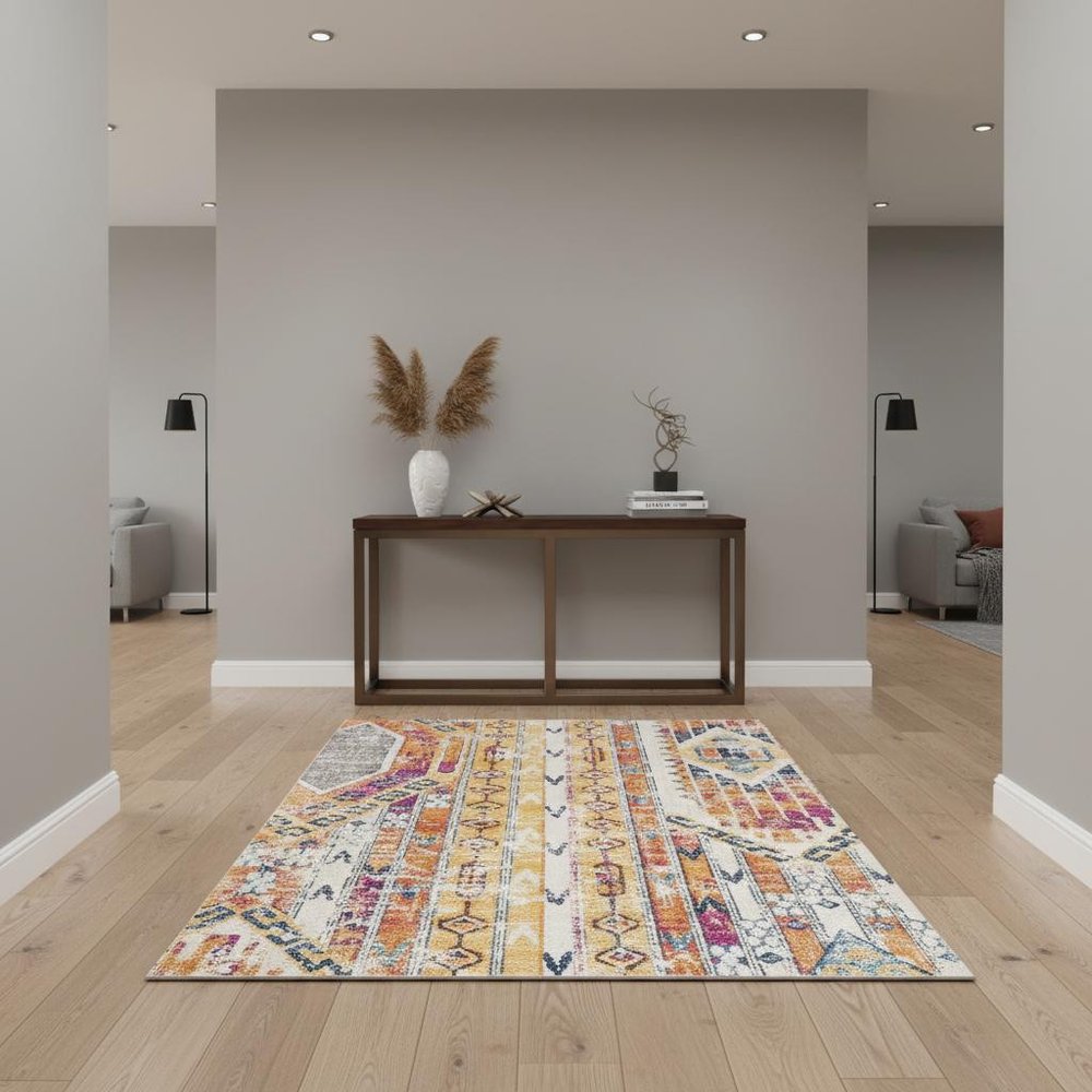 8' Gold And Ivory Southwestern Runner Rug