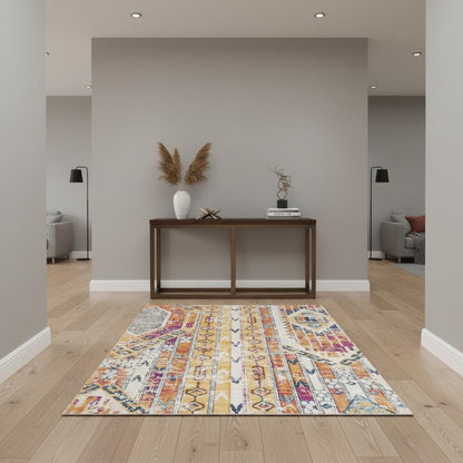 8' Gold And Ivory Southwestern Runner Rug