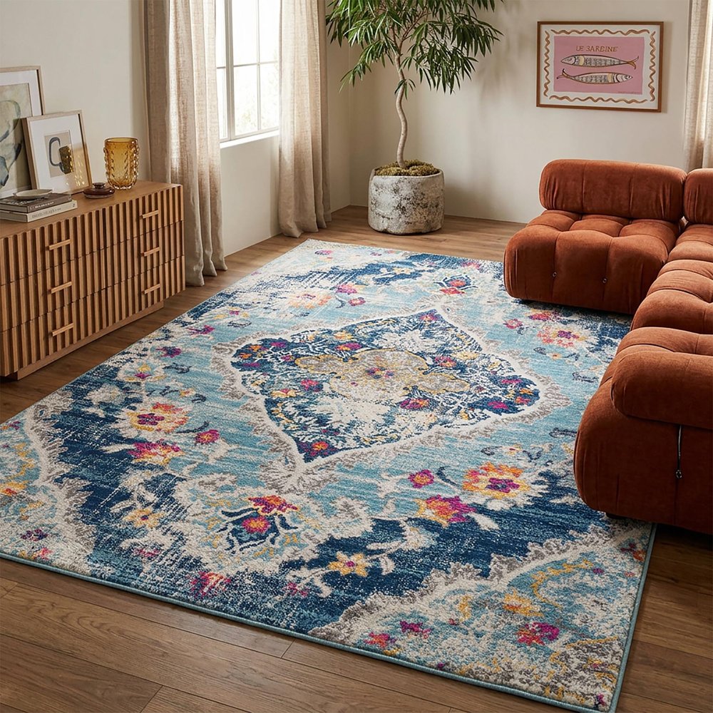 12' X 18' Blue Oriental Washable Non Skid Area Rug