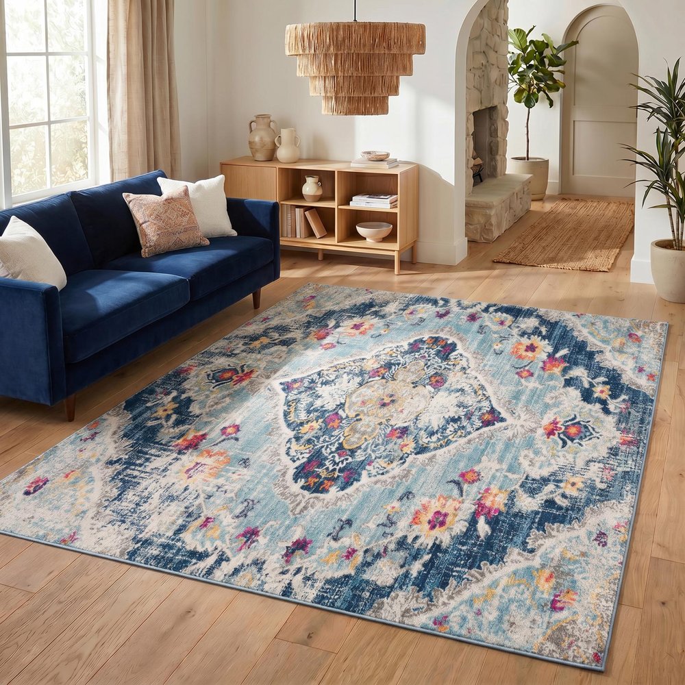 12' X 18' Blue Oriental Washable Non Skid Area Rug