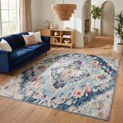 12' X 18' Blue Oriental Washable Non Skid Area Rug