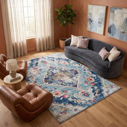 12' X 18' Blue Oriental Washable Non Skid Area Rug