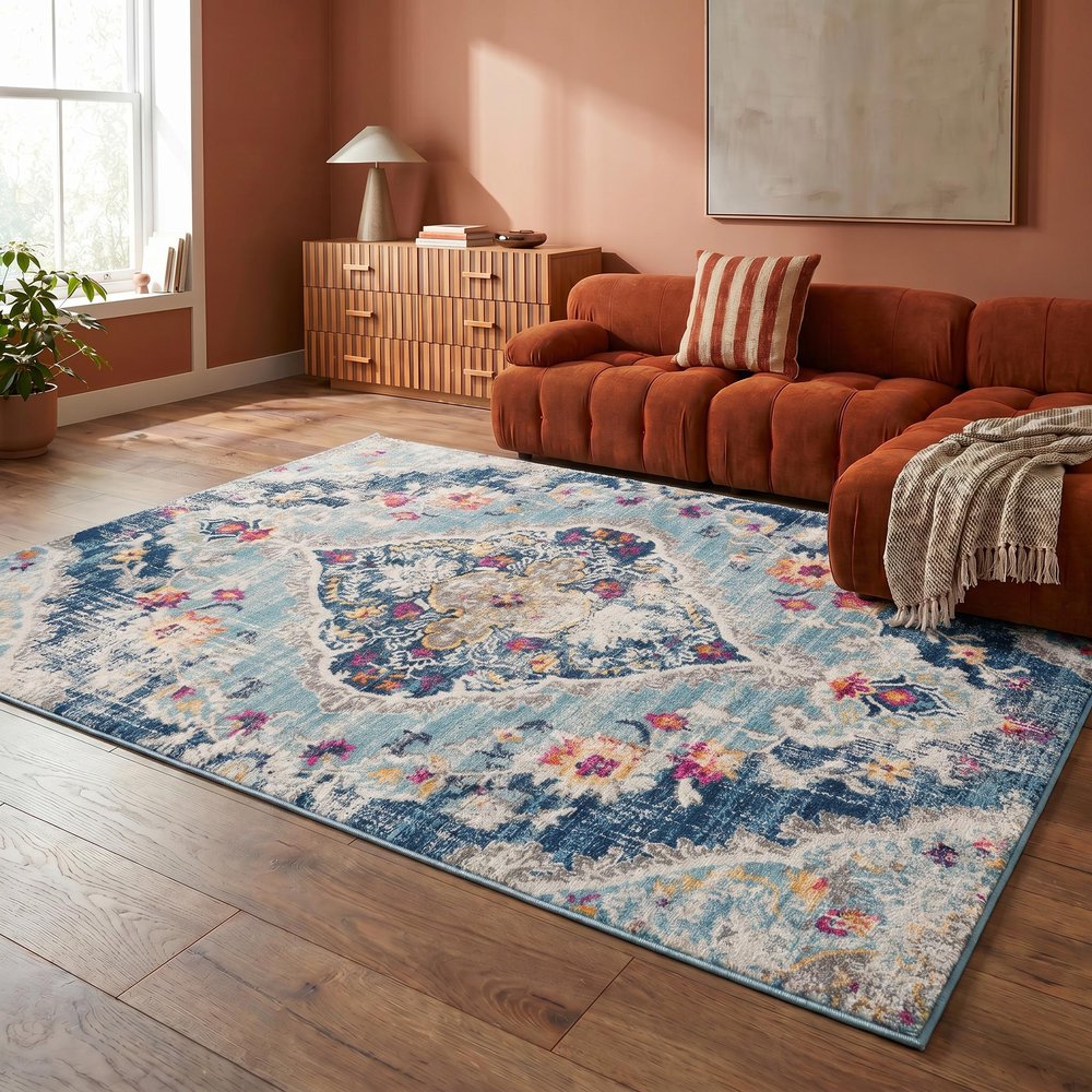 12' X 18' Blue Oriental Washable Non Skid Area Rug