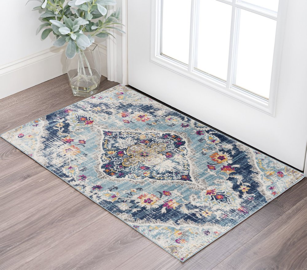 5' X 7' Blue and Ivory Medallion Area Rug