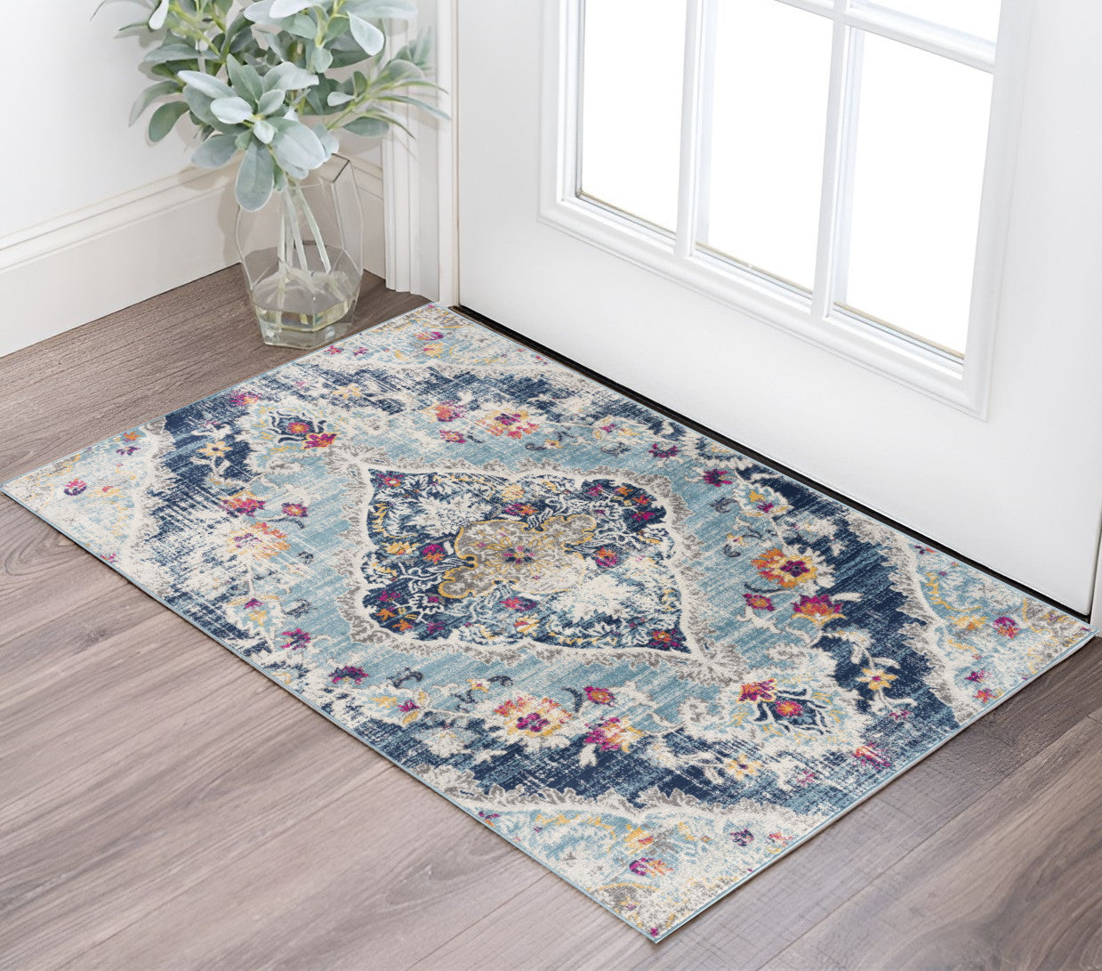 3' X 5' Blue and Ivory Medallion Area Rug