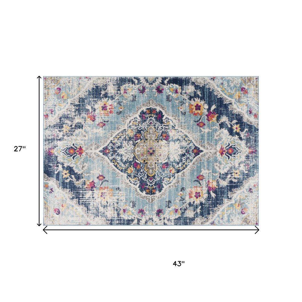 5' X 7' Blue and Ivory Medallion Area Rug