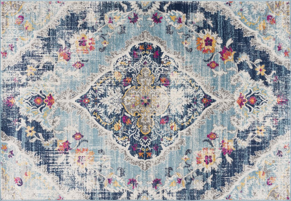 5' X 7' Blue and Ivory Medallion Area Rug