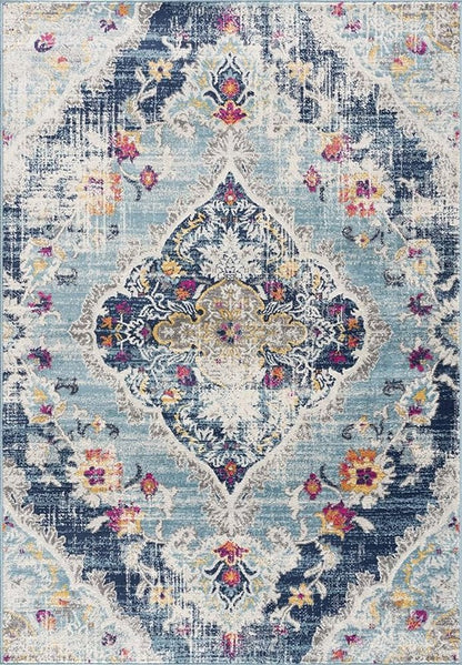 5' X 7' Blue and Ivory Medallion Area Rug