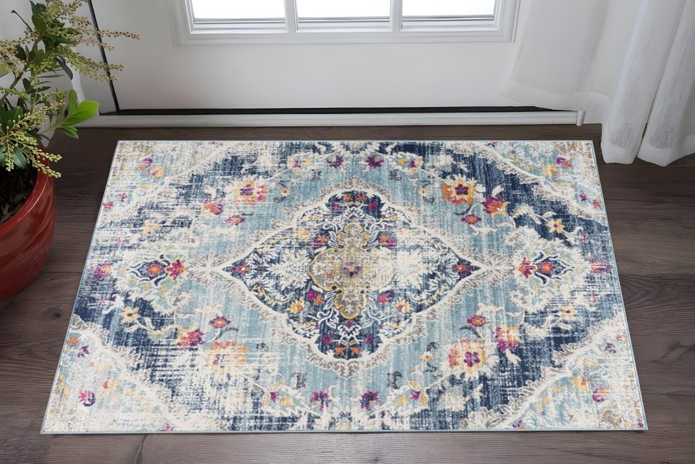 5' X 7' Blue and Ivory Medallion Area Rug