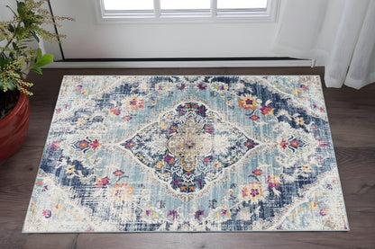 5' X 7' Blue and Ivory Medallion Area Rug