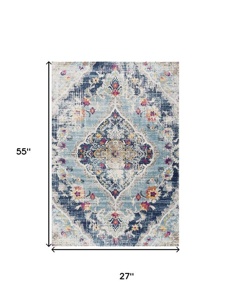 5' X 7' Blue and Ivory Medallion Area Rug