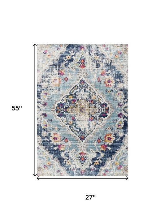 2' X 4' Blue and Ivory Medallion Area Rug