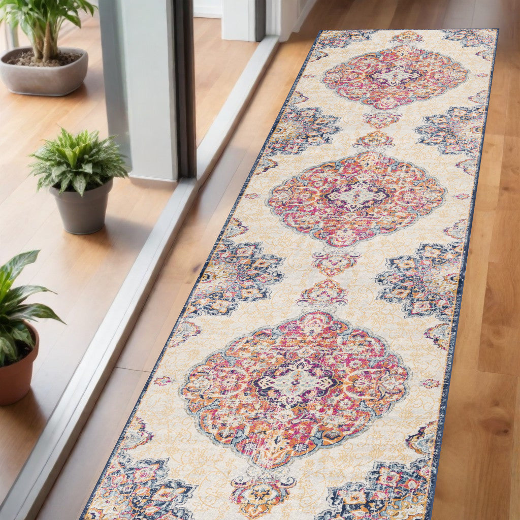 5' X 7' Blue and Beige Medallion Area Rug