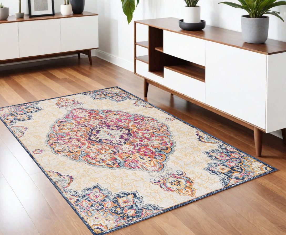 8' X 10' Blue and Beige Medallion Area Rug