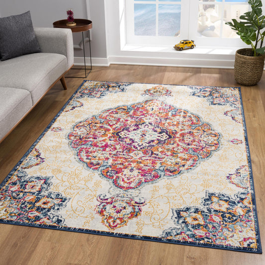 6' Runner Blue and Beige Medallion Area Rug