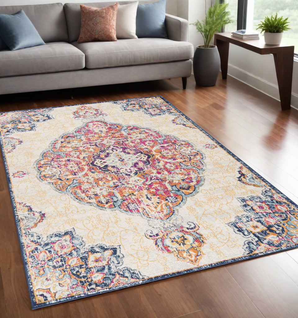 8' X 10' Blue and Beige Medallion Area Rug