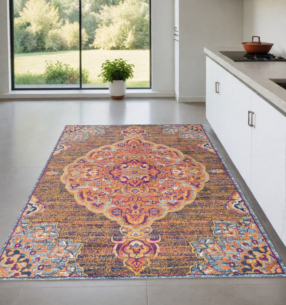 8' X 11' Rustic Orange Medallion Area Rug