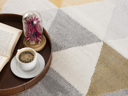 10' Yellow And Ivory Geometric Runner Rug